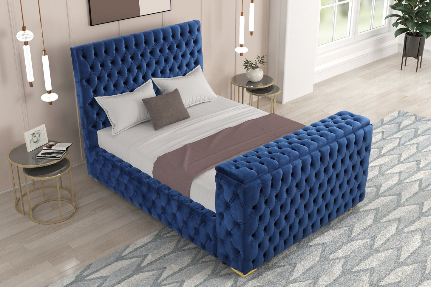 Future Blue Velvet King Platform Bed with Footboard TV Lift