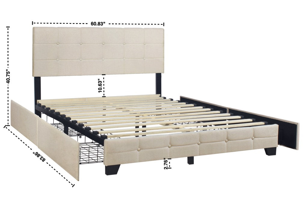 Capitone Beige Full Platform Bed with Side Drawer Storage