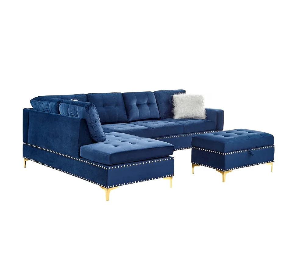 S123 Joy Blue Velvet Reversible Sectional with Ottoman