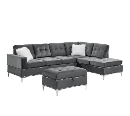 S123 Joy Gray Velvet Reversible Sectional with Ottoman