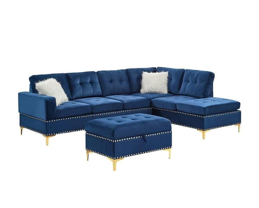 S123 Joy Blue Velvet Reversible Sectional with Ottoman