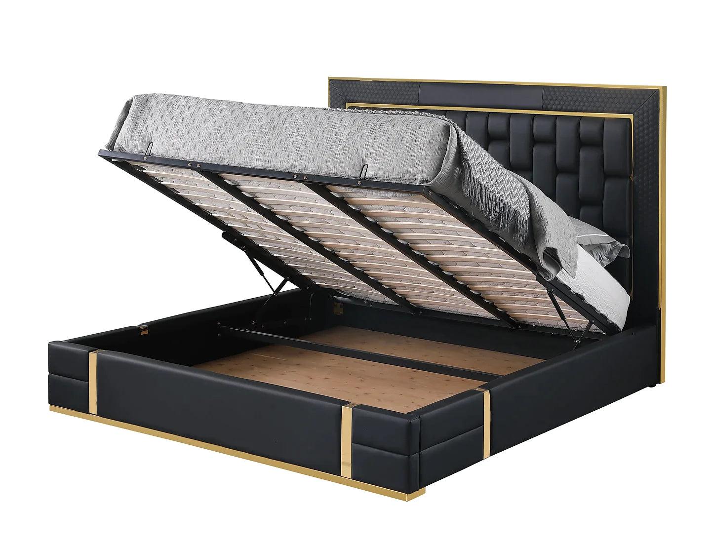 B700 Marbella Black/Gold Leather Queen Storage Platform Bed