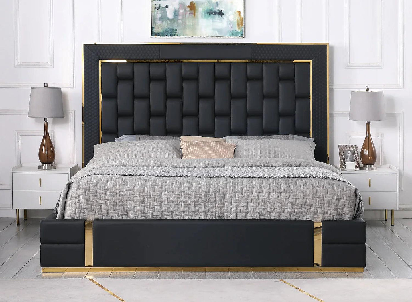 B700 Marbella Black/Gold Leather Queen Storage Platform Bed