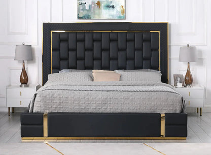 B700 Marbella Black/Gold Leather Queen Storage Platform Bed