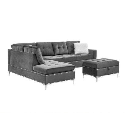 S123 Joy Gray Velvet Reversible Sectional with Ottoman