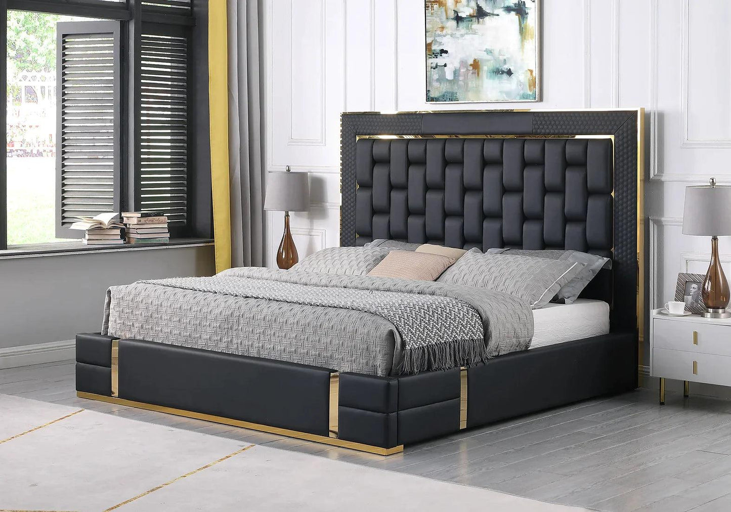 B700 Marbella Black/Gold Leather Queen Storage Platform Bed