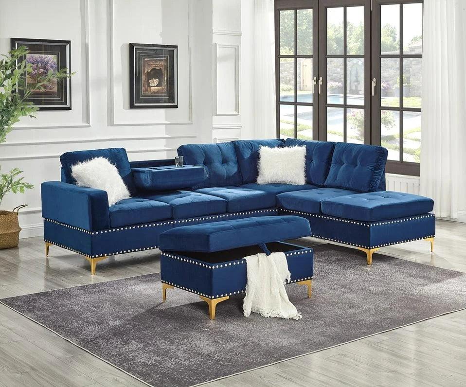 S123 Joy Blue Velvet Reversible Sectional with Ottoman