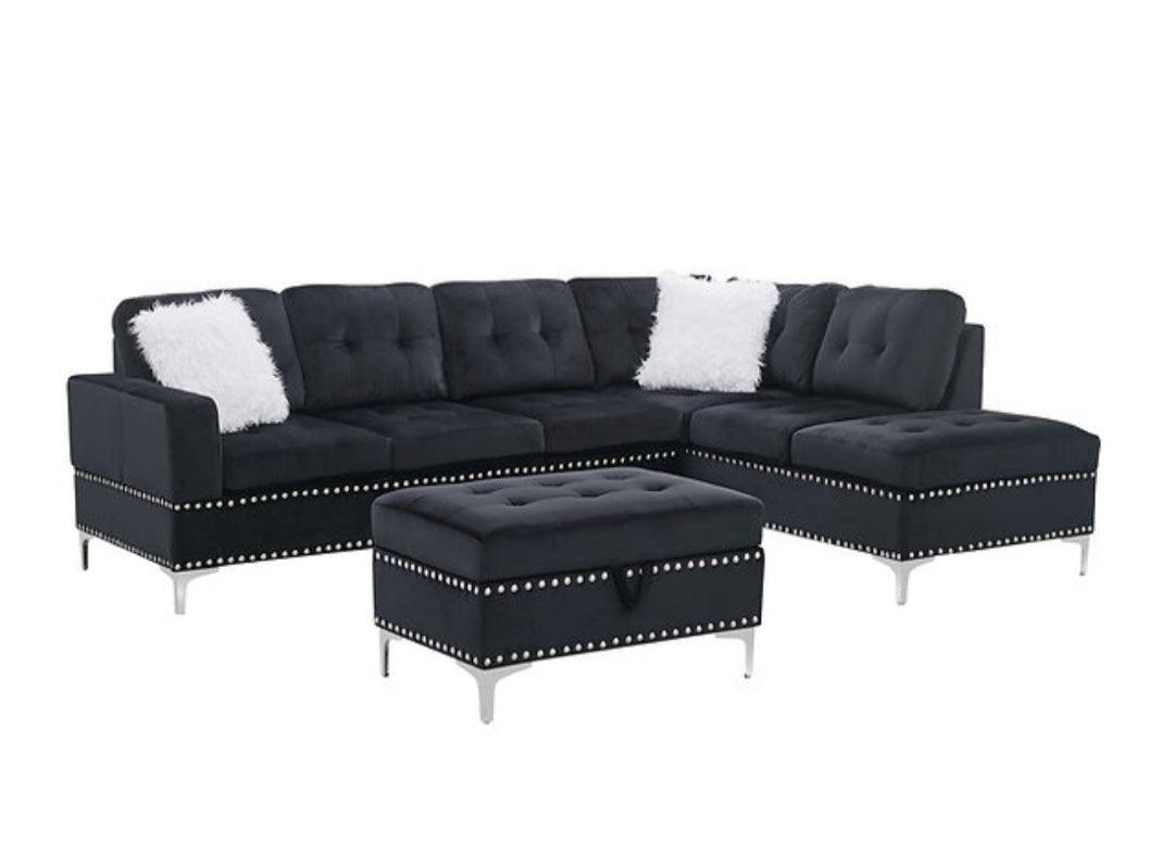 S123 Joy Black Velvet Reversible Sectional with Ottoman