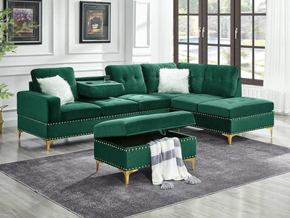 S123 Joy Green Velvet Reversible Sectional with Ottoman