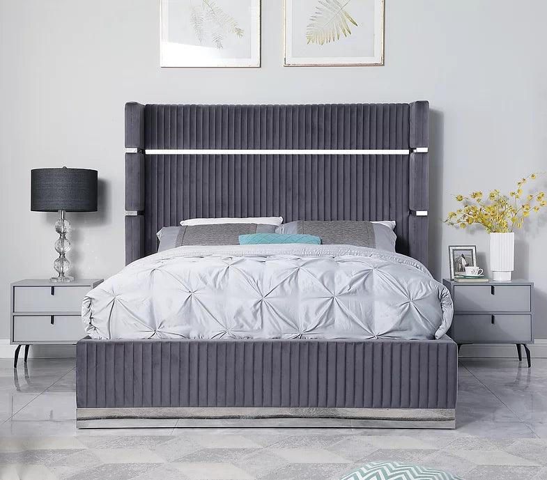 B786 Aspen Grey Velvet Queen Bed