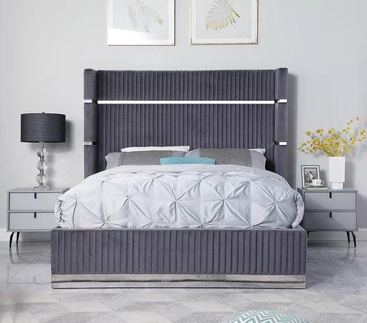 B786 Aspen Grey Velvet Queen Bed