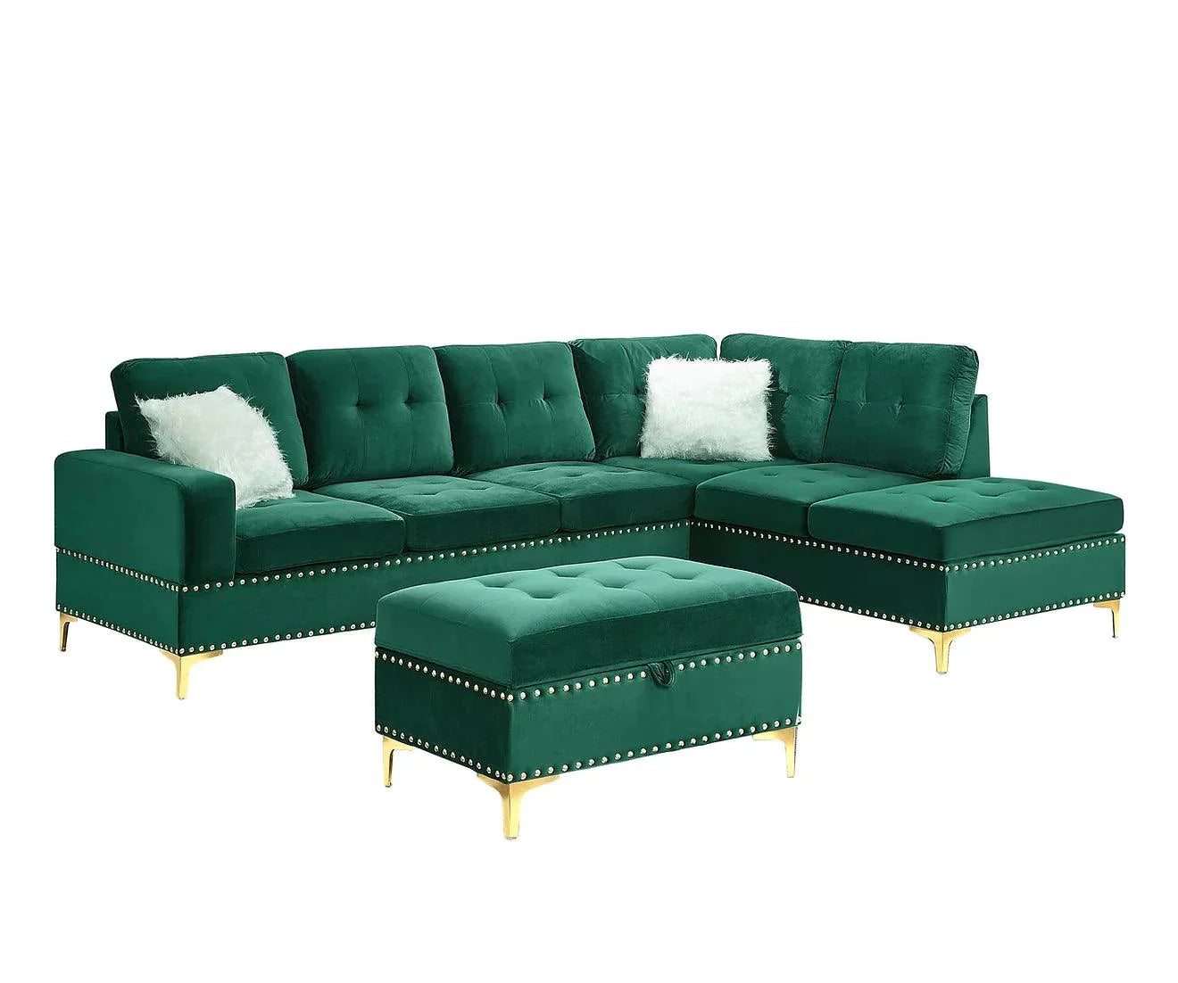 S123 Joy Green Velvet Reversible Sectional with Ottoman