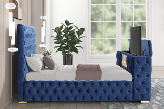 Future Blue Velvet King Platform Bed with Footboard TV Lift