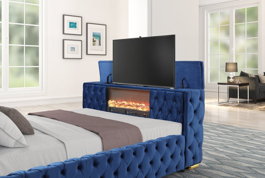 Future Blue Velvet King Platform Bed with Footboard TV Lift