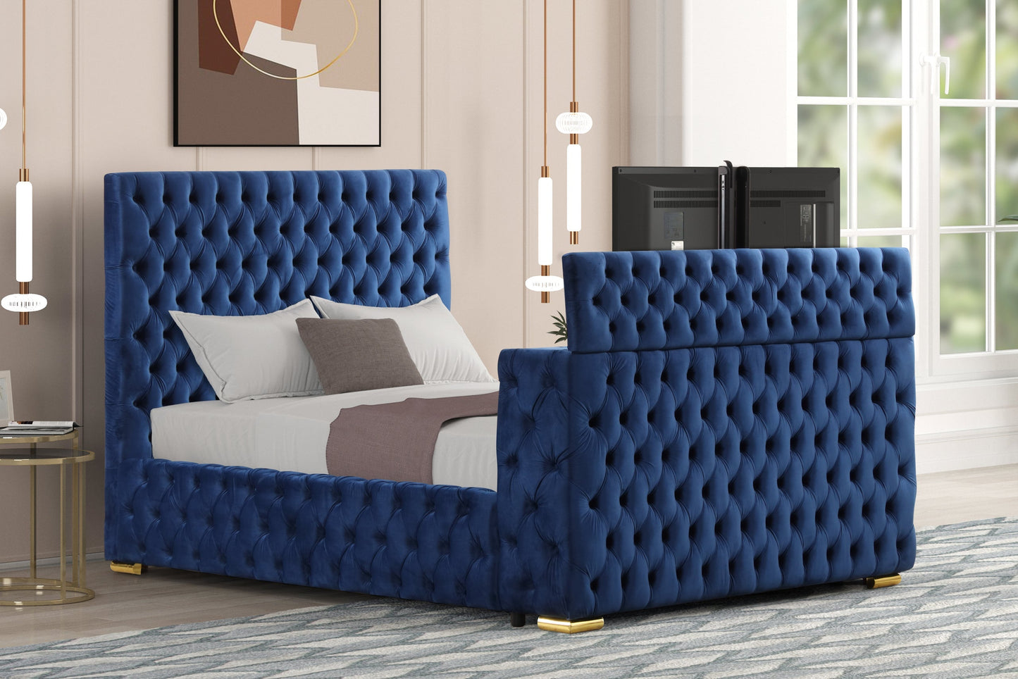 Future Blue Velvet King Platform Bed with Footboard TV Lift