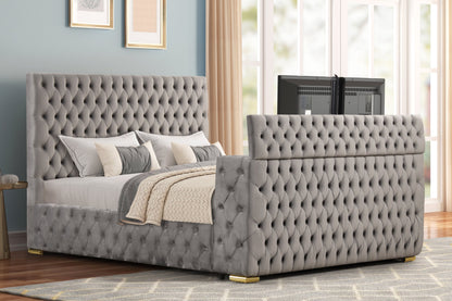 Future Gray Velvet King Platform Bed with Footboard TV Lift