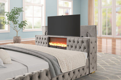 Future Gray Velvet King Platform Bed with Footboard TV Lift