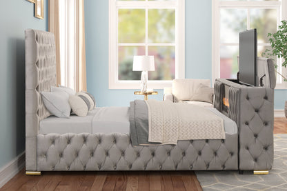 Future Gray Velvet King Platform Bed with Footboard TV Lift