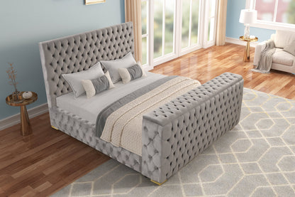 Future Gray Velvet King Platform Bed with Footboard TV Lift