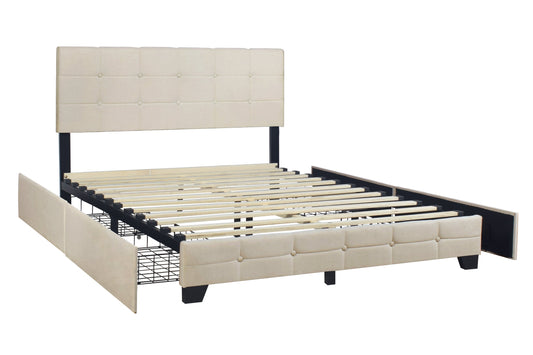 Capitone Beige Full Platform Bed with Side Drawer Storage