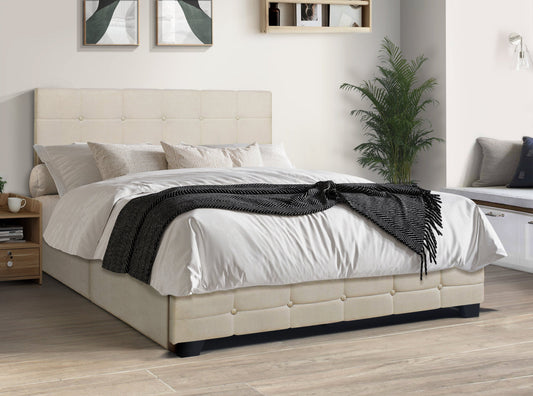 Capitone Beige Full Platform Bed with Side Drawer Storage