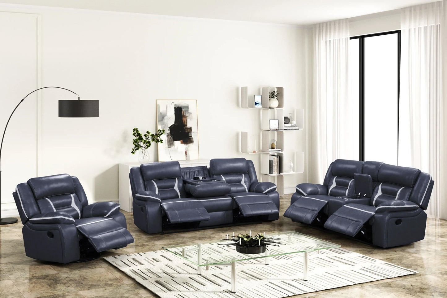 Luka Navy 3-Piece Reclining Living Room Set