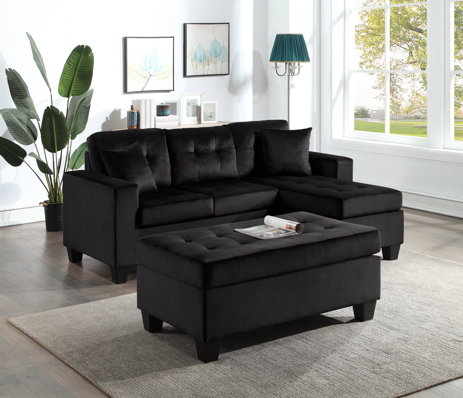 Naomi Black Velvet Sectional with Ottoman