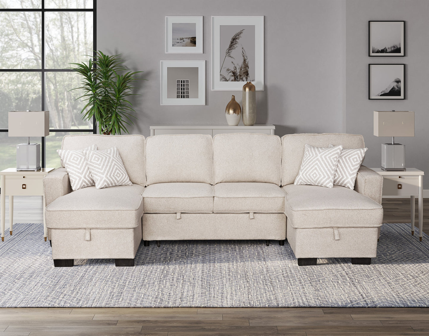 Sahara Beige Double Storage Chaise Sectional with Drop Down Cupholders