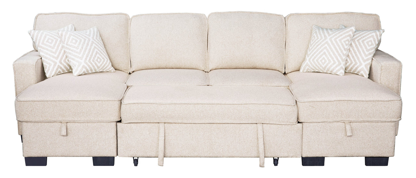 Sahara Beige Double Storage Chaise Sectional with Drop Down Cupholders